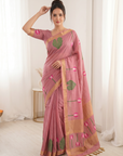 Pink Premium Soft Linen Cotton Saree with Meenakari Lotus Pallu