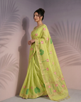 Pista Premium Soft Linen Cotton Saree with Meenakari Lotus Pallu