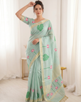 Sky Premium Soft Linen Cotton Saree with Meenakari Lotus Pallu