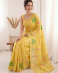 Yellow Premium Soft Linen Cotton Saree with Meenakari Lotus Pallu