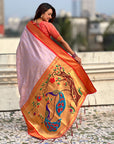 Traditional Paithani Silk Saree with Zari Woven Motifs And Meenakari Peacock Pallu