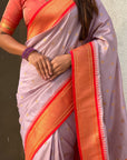 Traditional Paithani Silk Saree with Zari Woven Motifs And Meenakari Peacock Pallu