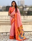 Traditional Paithani Silk Saree with Zari Woven Motifs And Meenakari Peacock Pallu