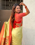 Traditional Paithani Silk Saree with Zari Woven Motifs And Meenakari Peacock Pallu