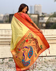 Traditional Paithani Silk Saree with Zari Woven Motifs And Meenakari Peacock Pallu