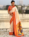 Traditional Paithani Silk Saree with Zari Woven Motifs And Meenakari Peacock Pallu