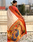 Traditional Paithani Silk Saree with Zari Woven Motifs And Meenakari Peacock Pallu