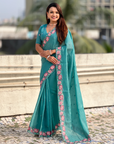 Sky Pure Crush Embroidered Saree with Multicolor Floral Motifs and Cutwork Border
