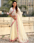 White Pure Crush Embroidered Saree with Multicolor Floral Motifs and Cutwork Border