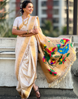 White Wedding Special Nauvari Paithani Soft Silk Saree with Zari Woven Polka Motifs and Peacock Pallu