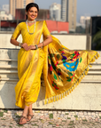 Yellow Wedding Special Nauvari Paithani Soft Silk Saree with Zari Woven Polka Motifs and Peacock Pallu
