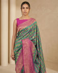Parrot Green Premium Patola Silk Ikat Meenakari Zari Woven Saree with Contrast Pallu and Brocade Blouse