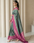 Parrot Green Premium Patola Silk Ikat Meenakari Zari Woven Saree with Contrast Pallu and Brocade Blouse