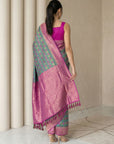 Parrot Green Premium Patola Silk Ikat Meenakari Zari Woven Saree with Contrast Pallu and Brocade Blouse