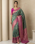 Parrot Green Premium Patola Silk Ikat Meenakari Zari Woven Saree with Contrast Pallu and Brocade Blouse