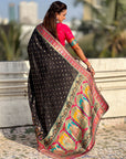 Black Pure Viscose Silk Meenakari Zari Motif Saree with Folk Art Pallu and Brocade Blouse