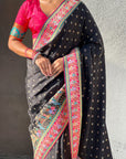 Black Pure Viscose Silk Meenakari Zari Motif Saree with Folk Art Pallu and Brocade Blouse