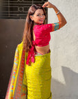 Mehendi Pure Viscose Silk Meenakari Zari Motif Saree with Folk Art Pallu and Brocade Blouse
