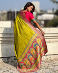 Mehendi Pure Viscose Silk Meenakari Zari Motif Saree with Folk Art Pallu and Brocade Blouse