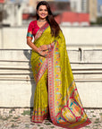 Mehendi Pure Viscose Silk Meenakari Zari Motif Saree with Folk Art Pallu and Brocade Blouse