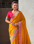 Mustard Pure Viscose Silk Meenakari Zari Motif Saree with Folk Art Pallu and Brocade Blouse
