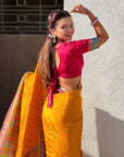 Mustard Pure Viscose Silk Meenakari Zari Motif Saree with Folk Art Pallu and Brocade Blouse