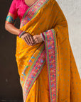 Mustard Pure Viscose Silk Meenakari Zari Motif Saree with Folk Art Pallu and Brocade Blouse