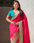 Pink Pure Viscose Silk Meenakari Zari Motif Saree with Folk Art Pallu and Brocade Blouse