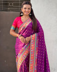 Purple Pure Viscose Silk Meenakari Zari Motif Saree with Folk Art Pallu and Brocade Blouse
