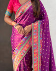 Purple Pure Viscose Silk Meenakari Zari Motif Saree with Folk Art Pallu and Brocade Blouse