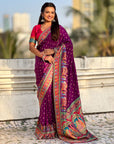 Purple Pure Viscose Silk Meenakari Zari Motif Saree with Folk Art Pallu and Brocade Blouse