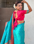 Rama Pure Viscose Silk Meenakari Zari Motif Saree with Folk Art Pallu and Brocade Blouse
