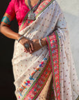 White Pure Viscose Silk Meenakari Zari Motif Saree with Folk Art Pallu and Brocade Blouse
