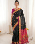 Black Premium Soft Silk Saree Designer Party Wear Saree With Gold Zari Peacock Motifs Meenakari Pallu Wedding Festive Saree