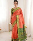 Peach Premium Soft Silk Saree Designer Party Wear Saree With Gold Zari Peacock Motifs Meenakari Pallu Wedding Festive Saree