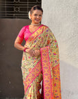 Cream Luxury Original Brocade Paithani Tissue Saree with Traditional Motifs Meenakari Pallu Jaal Zari Woven Saree