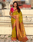 Mehendi Luxury Original Brocade Paithani Tissue Saree with Traditional Motifs & Meenakari Pallu Jaal Zari Woven Saree
