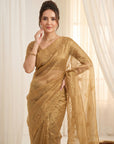 Gold Pure Organza Silk Saree Designer Party Wear Saree With Sequins Work Cutwork Border Wedding Festive Saree