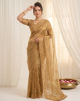 Gold Pure Organza Silk Saree Designer Party Wear Saree With Sequins Work Cutwork Border Wedding Festive Saree