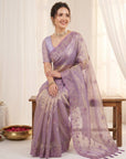 Lavender Pure Organza Silk Saree Designer Party Wear Saree With Sequins Work Cutwork Border Wedding Festive Saree