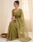 Mehendi Pure Organza Silk Saree Designer Party Wear Saree With Sequins Work Cutwork Border Wedding Festive Saree