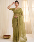 Mehendi Pure Organza Silk Saree Designer Party Wear Saree With Sequins Work Cutwork Border Wedding Festive Saree