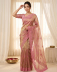 Pink Pure Organza Silk Saree Designer Party Wear Saree With Sequins Work Cutwork Border Wedding Festive Saree