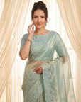 Sky Pure Organza Silk Saree Designer Party Wear Saree With Sequins Work Cutwork Border Wedding Festive Saree