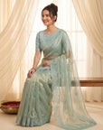Sky Pure Organza Silk Saree Designer Party Wear Saree With Sequins Work Cutwork Border Wedding Festive Saree