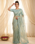 Sky Pure Organza Silk Saree Designer Party Wear Saree With Sequins Work Cutwork Border Wedding Festive Saree