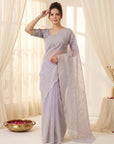 Lavender Pure Organza Silk Crush Saree Designer Party Wear Saree With Multi Work Embroidered Cutwork Border Wedding Festive Saree