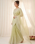 Pista Pure Organza Silk Crush Saree Designer Party Wear Saree With Multi Work Embroidered Cutwork Border Wedding Festive Saree