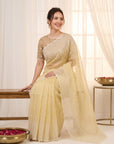 Yellow Pure Organza Silk Crush Saree Designer Party Wear Saree With Multi Work Embroidered Cutwork Border Wedding Festive Saree
