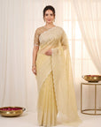 Yellow Pure Organza Silk Crush Saree Designer Party Wear Saree With Multi Work Embroidered Cutwork Border Wedding Festive Saree